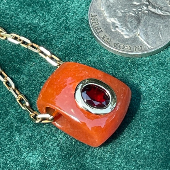Vintage Genuine Orange Carnelian and Red Garnet 14k gold Pendant - beautiful! - Picture 4 of 16